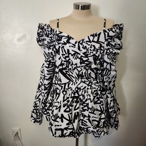Studio EY 2X Black White Wrap Blouse Horsehair Hem Structured Peplum Top 2XL